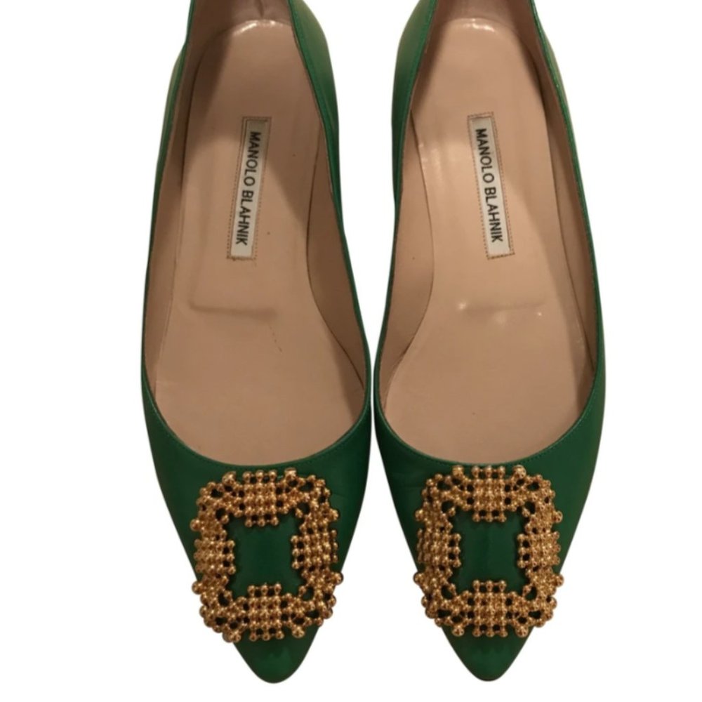 Manolo Blahnik Green Hangisi Leather Ballet Flats